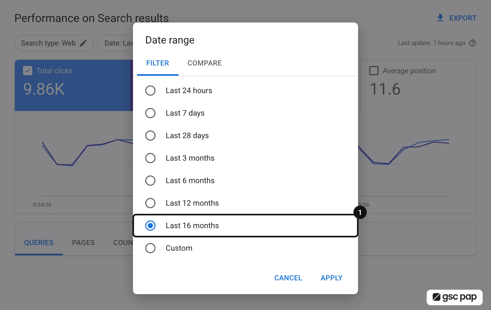 Search Console date range dialog with Last 16 months selected, the longest option